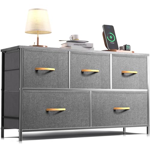 ROMOON Dresser for Bedroom, Fabric Dresser with 5 Drawers, Small Chest of Drawers, Storage Drawers Organizer Unit for Bedroom, Closet, Living Room, Hallway (Dark Grey)