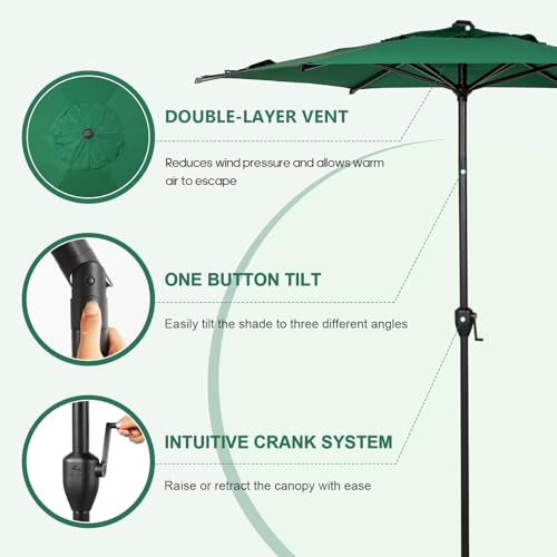 Image of Abba Patio 7.5FT Lyon Outdoor Patio Umbrella Outdoor Table Umbrella with Push Button Tilt and Crank Market Umbrella 6 Sturdy Ribs UV Protection Waterproof for Garden Deck Backyard Pool Dark Green