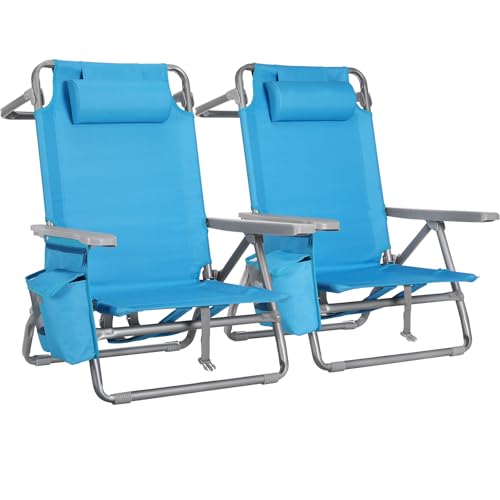 LIFERUN Strandstuhl Klappbar Leicht 2er Set Rucksack Klappstuhl Strand Campingstuhl Kann Flach Liegen bis 150 kg belastbar Outdoor Faltstuhl mit Verstellbarer Hohe Rückenlehne Eisbeutel Blau