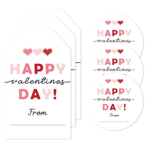 40PCS Happy Valentine's Day Gift Tags Stickers – 20 Rectangle & 20 Round Stickers, Pink Words Labels Self-Adhesive Name Tags for Valentine Party Decorations, Presents Wrapping Supplies - A02