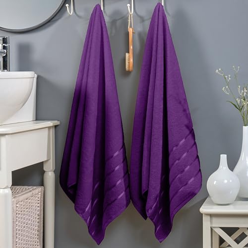 Image of Elegant Comfort 100% Turkish Cotton 4 Lines Viscose Stripe Luxury 2 Pack Bath Towel Set 27 x 54 Inch - Super Soft and Highly Absorbent Premium Hotel Spa Quality Towels for Bathroom Use, Purple