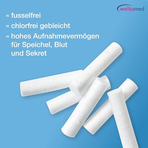 wellsamed wellsaroll Zahnwatterollen Größe 1 (~ 8 mm), 300g Dental Watterollen, Verbandwatte aus 100% Baumwolle, Cotton Rolls hochweiß