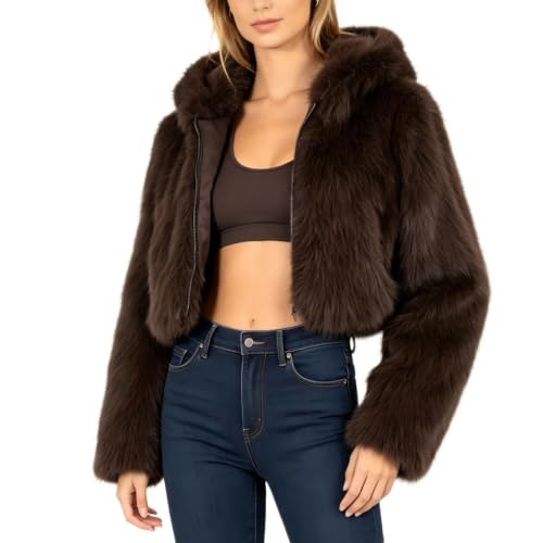 Image of Amazhiyu Womens Faux Fur Coat, Plush Zipper Winter Crop Jacket with Hood Brown M