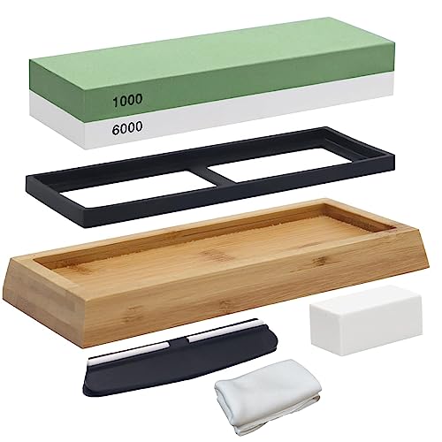 Venzina® Knife Sharpening Stone for Kitchen, 1000/6000 Grit Double Side Knife Sharpener Stone with Non-Slip Bamboo Base & Angle Guide, Ideal Grinding Knife Whetstone for Chefs and Cooking Lovers - 1