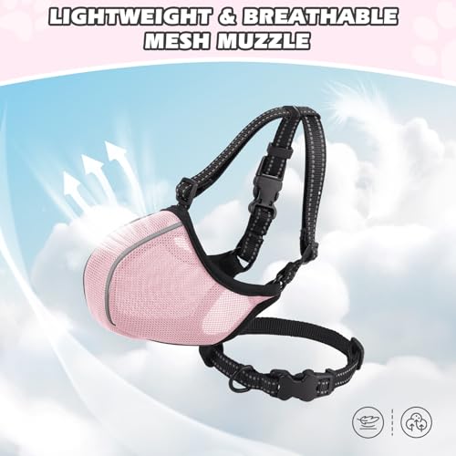 Image of Dog Muzzle - Soft Breathable Mesh Nylon Adjustable Muzzle for Small Medium Large Dogs | Prevents Chewing,Biting & Scavenging | Allows Panting, Drinking & Grooming | Secure Collar Strap Design(Pink M)