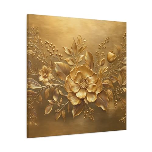 Toile florale dorée salon, grand tableau fleur d'or carré 75x75cm décoration murale
