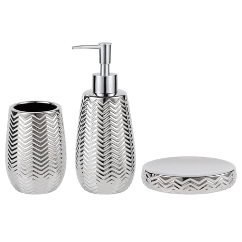 Set di accessori da bagno in argento, 3 pezzi, dispenser di sapone, portaspazzolino e portasapone, design ondulato, elegante decorazione per il bagno in ceramica