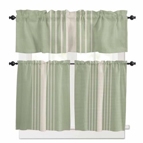 Sage Green Beige Striped Kitchen Curtains 36 Inch Length,3 Piece Rod Pocket Small Half Tiers and Valance Set,Farmhouse Retro Lines Modern Small Large Window Treatment Decor for Bedroom/Bathroom Sink