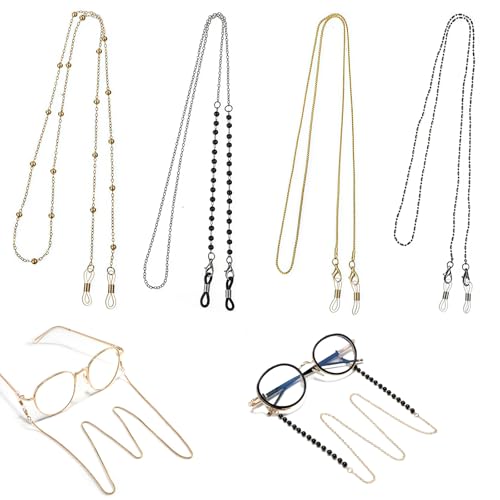LUMOOM 4 Stück Brillenkette Damen Set, Dünn Brillenband aus Metall, Elegante Brillenschnur und praktischer Brillen Halter, Verstellbar Sonnenbrillenkette, Maskenkette, Unisex Brillenbänder