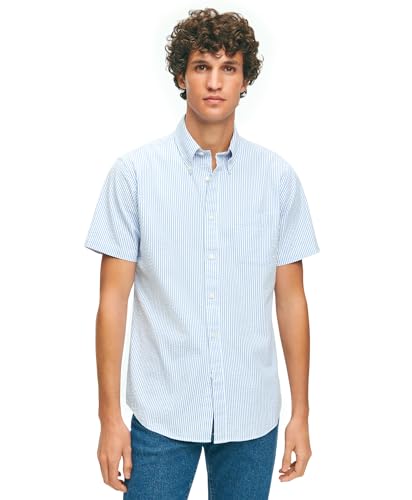 Brooks Brothers Men's Regular Fit Short Sleeve Button Down Sport Shirt, Blue Stripe/Blue, X-Large