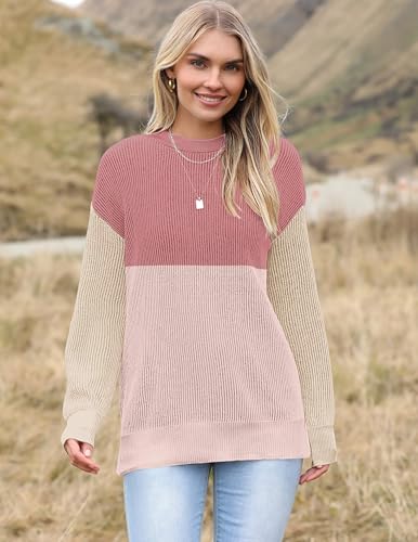 Image of Zeagoo Women 2026 Fall Lightweight Oversized Sweater Crew Neck Long Sleeve Color Block Pullover Rib Knit Blouse Tops XS-2XL