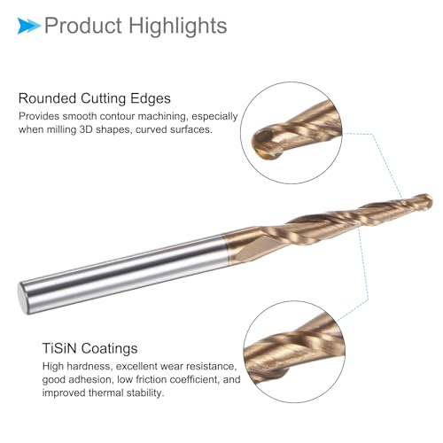 CoCud Kegelkugelfräser mit 1,5 mm Radius, 6 mm Schaft, 6,08 Grad Winkel, TiSiN-beschichtetes Hartmetall mit Mikrokorn, 2 Schneiden Fräser - (Anwendungen: für Edelstahl, gehärteten Stahl)