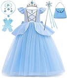 Hulaha Girls Cinderella Princess Dress Kids Blue Pirncess Dress Halloween Cosplay Dress up Costume Sets for Cinderella 9-10Years