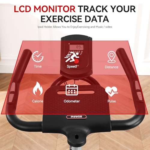 Phiwos Exercise Bike, Indoor Cycling Bike for Home Gym Use with LCD Display, Ipad Holder & Comfortable Seat Cushion Bike Fitness for Home Training Cardio Workout