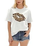 Generic Women Lips Leopard Kiss Texture Print T-Shirt Cotton Cool Casual Gift Tops White M