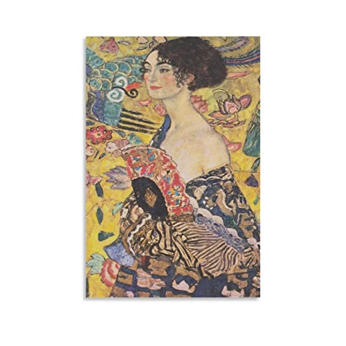 Gustav Klimts - Impression sur toile représentant une femme à l'éventail - Décoration murale moderne pour chambre à coucher - 20 x 30 cm