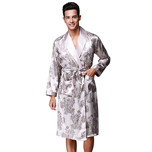WanYangg Robe De Chambre pour Homme Longue Luxe Impression Pyjama Satin Peignoir De Bain Kimonos avec Ceinture Et Poches Imitation Soie Kimono Vêtements De Nuit Gris XL Cover