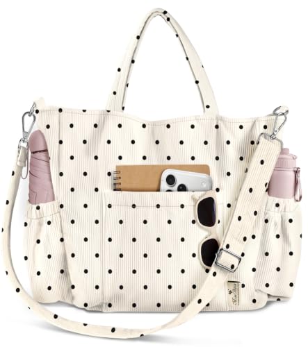 Miss Adola Stylish Corduroy Crossbody Tote Bag, Black Polka Dots