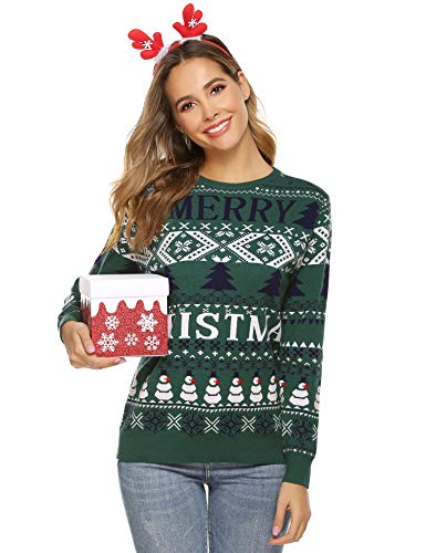 Abollria Women's Patterns Reindeer Snowman Tree Snowflakes Christmas Sweater Cardigan Green,Female Large