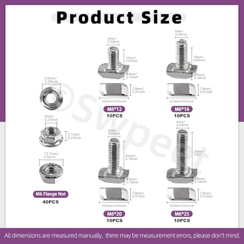 Swpeet 80Pcs 4 Tailles Norme européenne 30 Series M6 x 12/16/20/25mm T Bolt et Nickel à fente M6 Kit d'assortiment d'écrous à brides, Fente de filetage T, Bolt en T, Boule de tête de marteau, Stud de vis T