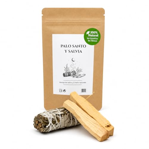 Palo Santo y Salvia Blanca Natural para Quemar - Manojo de Salvia + 2 Palos de Palo Santo - Kit Ritual de Limpieza Energética, Meditación y Aromaterapia