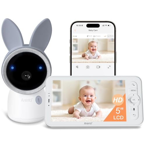 ARENTI 2.4G&5G Smart Baby Monitor with Camera and Audio, 5&rsquo;&rsquo; WiFi/No-WiFi 4MP Split Screen with Night Light, Smoothing Lullabies, Cry&Motion Detection, Temp&Humidity Senor, Free APP with Motion Video