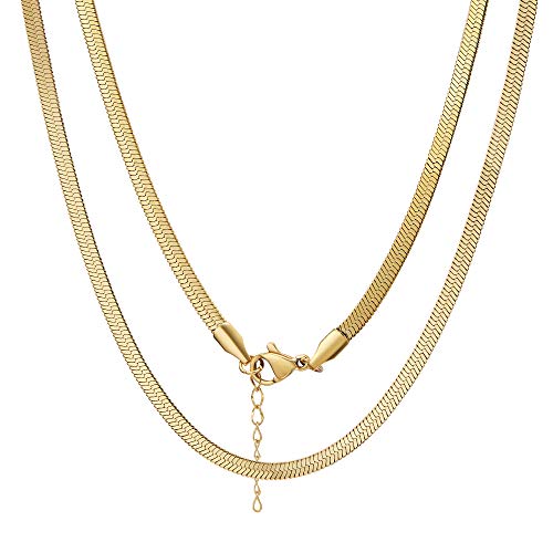 Ldurian Snake Chain Necklace Non Tarnish, Herringbone Choker for Women, Flat Chain for Layering, Minimal Jewelry, Dainty 18K Plated Jewel, Gift for Women Men, 3mm 16 inches