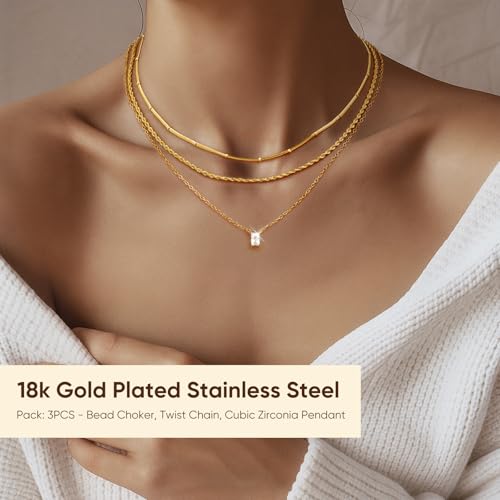 KSF Gold Layered Necklaces for Women - 18K Gold Plated Choker Necklace, 3PCS Women's Cubic Zirconia Choker Simple Dainty Stackable Pendant Necklaces Trendy Jewelry Gift for Women2