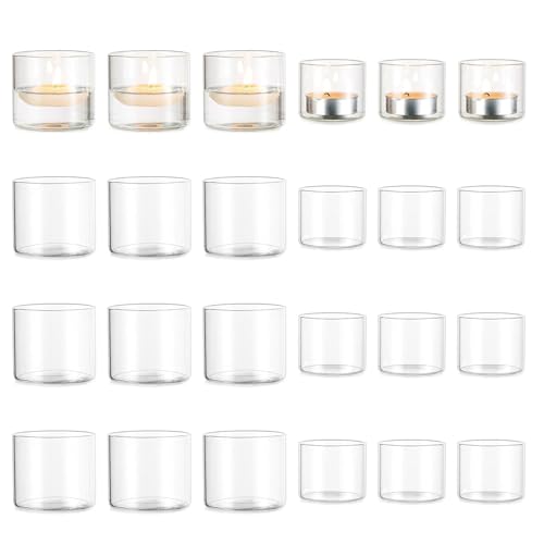 Romadedi Votive Tealight Candle Holders – 24 pcs Clear Glass Tea Light Holders Bulk Small Table Centerpieces Wedding Decor Party Dinner Home Decorations Festivals Christmas