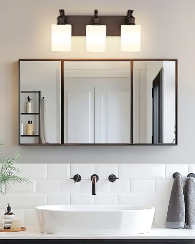 Image of 3 Light Bathroom Vanity Light, Morden Vanity Lighting Fixtures Over Mirror Oil Rubbed Bronze Bathroom Sconces Wall Lighting with Milky White Frosted Shade ZCVL01ORBW-3