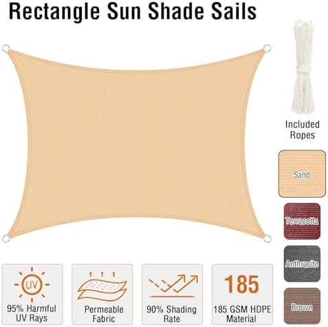Duerer Sun Shade Sail Canopy 12'W x 16'L Rectangle, 95% UV Block, Permeable 185GSM Sail Shade Cover for Patio, Garden, Pergola, Backyard, Outdoor Facility & Activities -Sand - 5