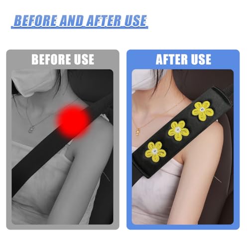 Image of 2PCS Daisy Flower Car Seat Belt Cover Pads, Protect Neck, Yellow | Soft Breathable Auto Seat Shoulder Strap Pad, Comfortable Seatbelt Cushion, Vehicle Interior Decoration for Cars, Trucks