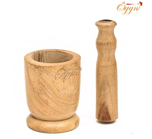Image of Mango Wood Mortar Pestle Set, Imam Dasta, Natural Wooden Okhli, Spice Mixer Kharal, Kitchen Khalbatta Masher, Ginger Garlic Crusher, Masala Kutni for Cooking