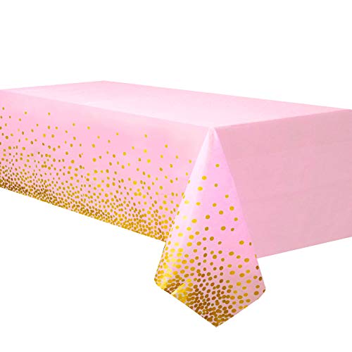 Pink and Gold Tablecloth Plastic Table Cover Rectangle Tables Plastic Table Cloth for Wedding Anniversary Girls Birthday Baby Shower Bachelorette Thanksgiving Christmas Party, 54 x 108 Inch, 2pc