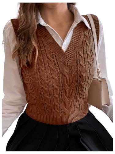 Image of Milumia Women's Cable Knit V Neck Sweater Vest Sleeveless Ribbed Crop Tank Top