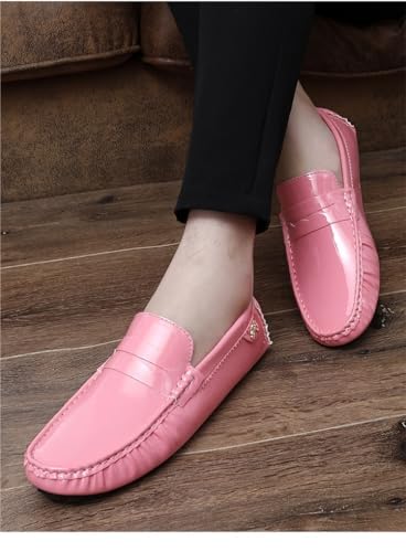 Battle Men Men's PU Leather Penny Moccasins Slip-On Driving Loafers Lightweight Casual Shoes with Flexible Anti-Slip Rubber Sole(Pink,12 M US)2