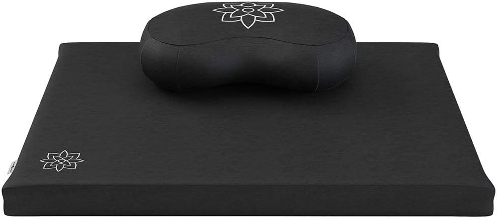 Mindful & Modern Meditation Cushion & Zabuton Meditation Mat Bundle - 100% Cotton Meditation Cushion Set for Yoga - Buckwheat Crescent Shaped Zafu Floor Pillow Rectangular Mat - Minimal Black Color