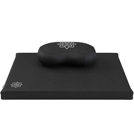 Mindful & Modern Meditation Cushion & Zabuton Meditation Mat Bundle - 100% Cotton Meditation Cushion Set for Yoga - Buckwheat Crescent Shaped Zafu Floor Pillow Rectangular Mat - Minimal Black Color