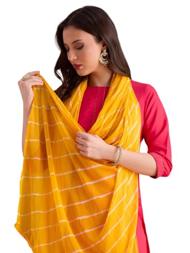 Image of DUPATTA BAZAAR Women's Leharia Dupatta with Pom Pom Lace