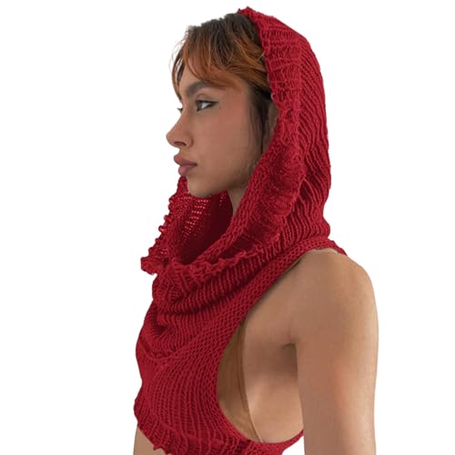 Image of Women's Knitted Hoodie Sweater Vest Sexy Sleeveless Hollow Out Hooded Crop Top Draped Sweatshirt Streetwear