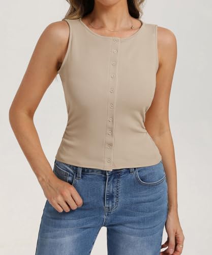 Image of Belle Poque Womens Button Down Tank Tops Ribbed Summer Vest Slim Fit Crop Going Out Tops Open Front Sleeveless Y2K Clothes