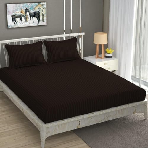 Image of Blue Strip Polycotton Bedsheet, Double 90x100 (Coffee) | Hotel Quality | Soft, Breathable & Colourfast | Wrinkle Resistant | Machine Washable | Pillow Covers Included