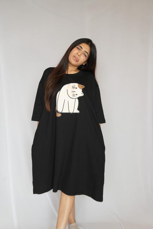 Image of LAMA STORE Women's Printed Oversized T-Shirt Dress, Cotton, 3 /4 Sleeve Length, Casual Loose Fit, Comfort Wear Extra Comfy Oversized Printed Pocket T-Shirt Dress