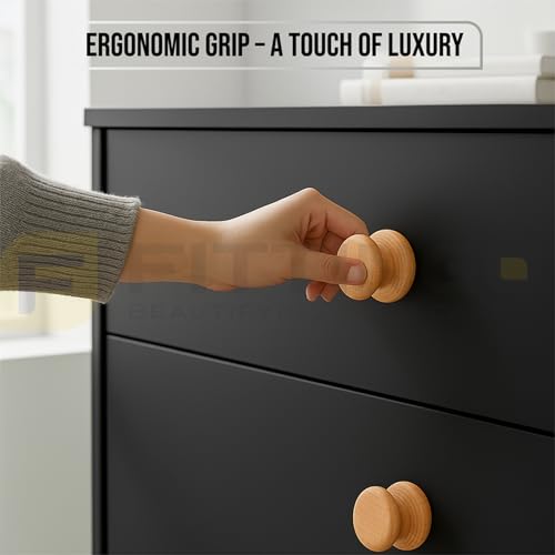 Image of 3 Piece Steam Beech Wood Drawer Knob 2 Inch| Premium Wooden Cabinet Door Handle | Round Furniture Knobs for Drawers, Wardrobes & Cupboards | Natural Finish Pull Handle for Home & Kitchen