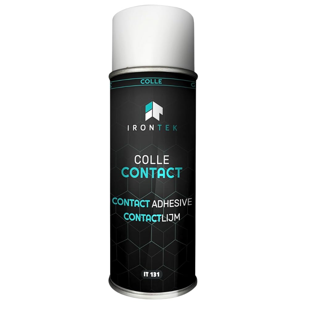Colle Néoprène Aérosol 400ml - IRONTEK | IT131 | Haute adhérence Multi-supports Repositionnable | Séchage Express Résiste à l’eau | Réparation Tissu Mousse Isolation Plafond Voiture