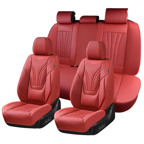 Image of Coverado Car Seat Covers Full Set, 5 Piece Car Seat Protector with Lumbar Support & Removable Headrest, Breathable Leather Front Rear Seat Cushion Universal Fit for Truck Automotive Red