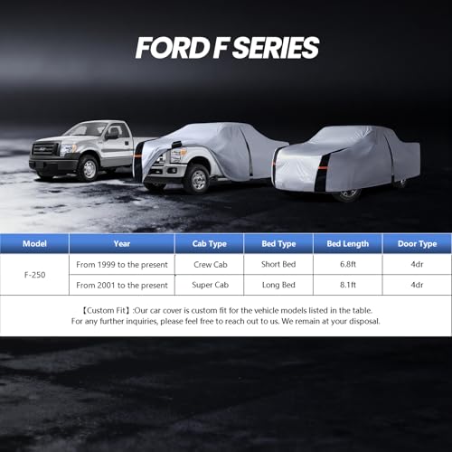 Image of Multi-Layer Ford F250 Truck Cover, Custom fit F250 2001-2026 Crew Cab Short Bed(6.8') Car Cover Waterproof All Weather, Full Exterior Cover Rain Wind Dust and UV Protection with Door Zipper