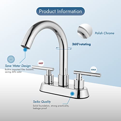 Cinwiny Centerset 4 Inch Bathroom Faucet Lavatory Sink Polish Chrome Mixer Tap Deck Mount Two Handle 360° Swivel Spout Vanity Basin Faucet Pop-Up Drain Included #TOP3
