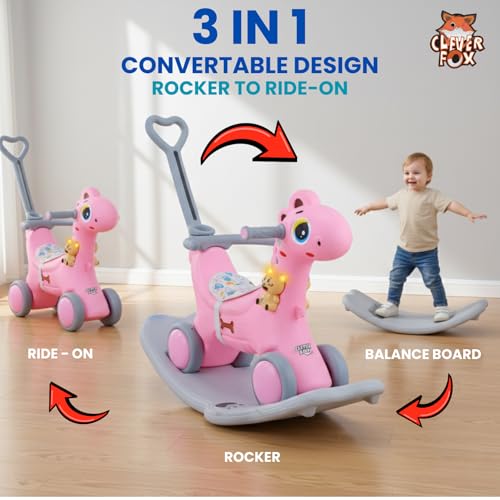 Image of KURB 3-in-1 Ride-on Dino and Rocker for Kids | Multi-Functional | Age 12 Months - 4 Years | Sturdy and Durable | Safety Belt | Child-Safe Plastic (Pink)