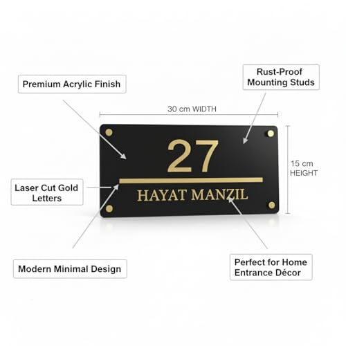 Image of Modern Acrylic House Number Plate (30x15 cm) - Black Door Name Plate with Gold Letters, Premium Home Entrance Name Board